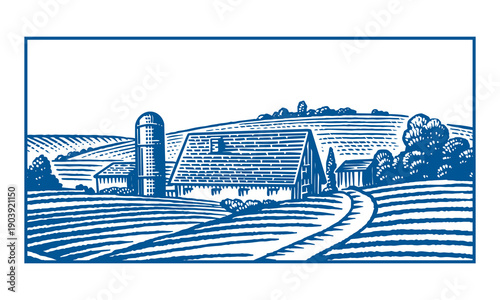 Rustic meadow hand drawn village landscape illustrations with fields, house and windmill. Beautiful rural scentic farm view for milk, cheese farm products. Eco natural food engraving.