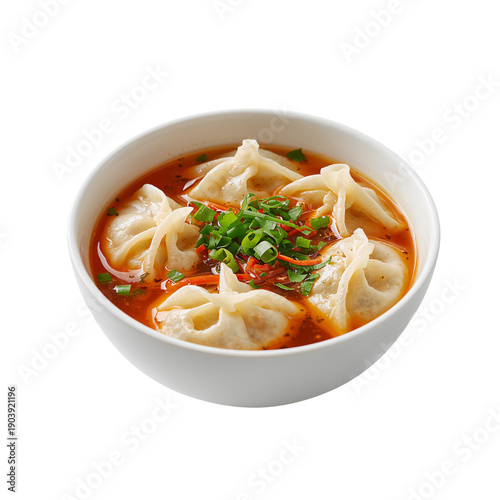 Soup With Dumplings and Green Onions Served in a Bowl on a Plain Background