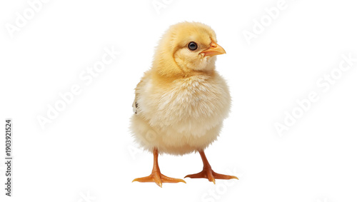 Young Yellow Chick Stands on White Background in a Bright Space During Daytime