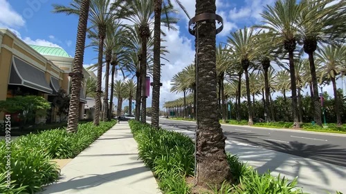 Vibrant urban view of Anaheim, California. Features city buses, cars, beautiful local architecture, and lush palm trees under a bright blue sky with white clouds. Authentic SoCal lifestyle.