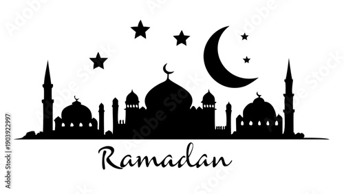 Mosque skyline silhouette with crescent moon and stars backdrop for ramadan kareem greeting card design vector