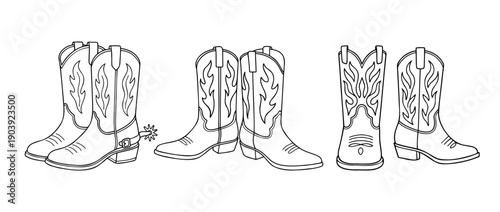 Cowboy boots set. Line art illustration. Clean black and white outline style. 