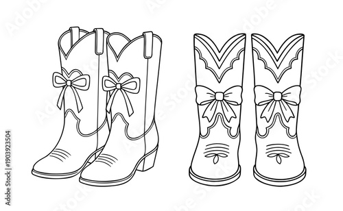 Cowboy boots with bow. Line art illustration. Clean black and white outline style.