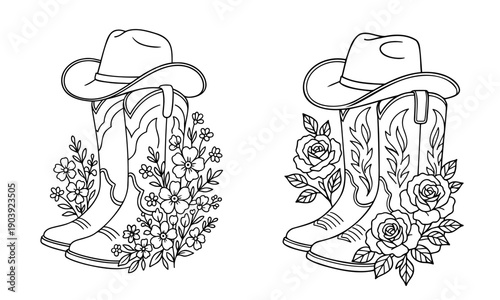 Cowboy boots with cowboy hats and flowers. Line art illustration. Outline style.