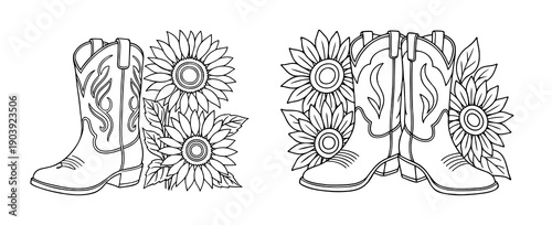 Cowboy boots with sunflowers. Line art illustration.