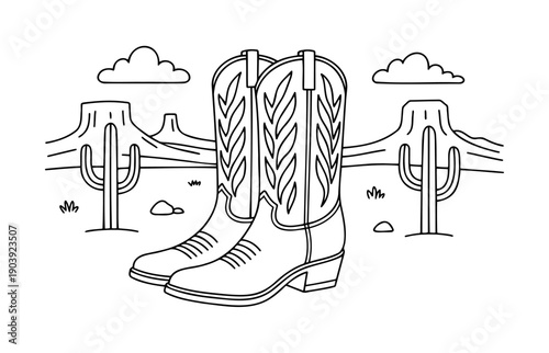 Cowboy boots with desert landscape. Line art illustration.