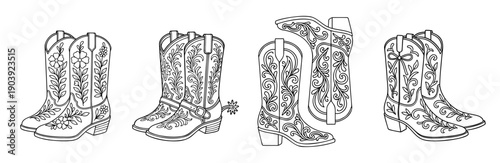 Set of cowboy boots with embroidery. Outline style. Line art illustration.