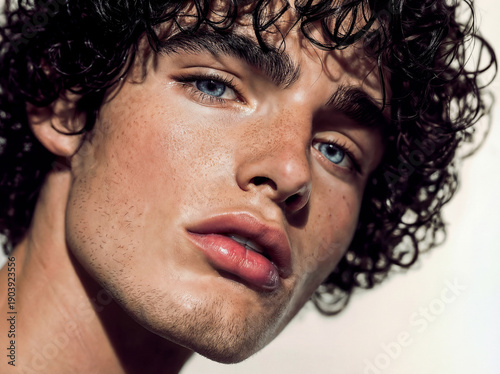 Jeune modèle homme aux cheveux bouclés noir et barbe naissante regardant la caméra, la bouche légèrement ouverte, taches de rousseur, mal rasé, yeux bleus, regard perçant, en gros plan
