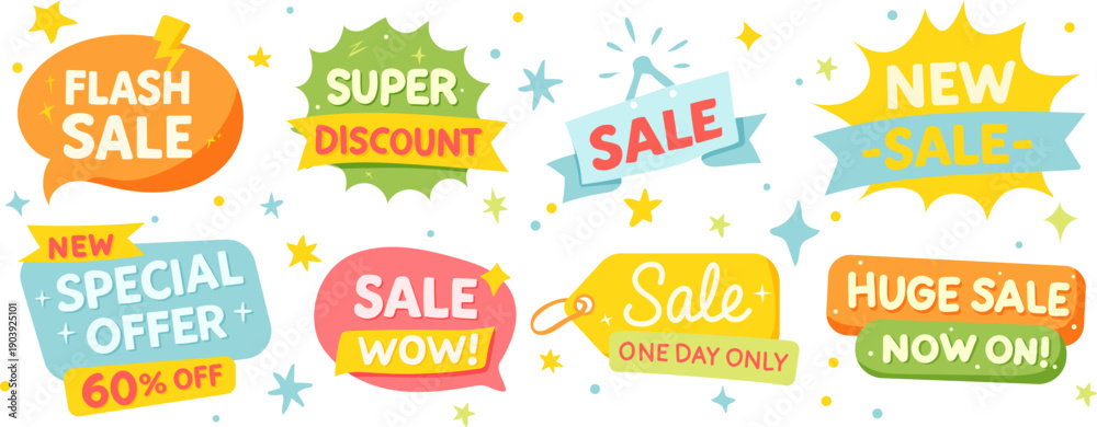 Obraz premium Sale promotion, set of promo stickers, Promotion poster template super, sale banner, vector illustration for web, posters and social media