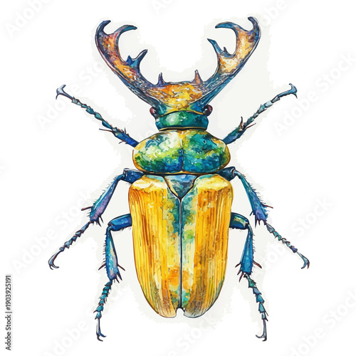 Stag Beetle, soft and charming watercolor, isolated on a white background, delicate and elegant style.
