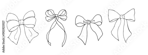 Vector set of bows with long ribbons. Graphic festive gift, hand drawn illustration isolated on background. Botanical and wedding, baby clip art. For greeting card, wallpaper, wrapping paper design