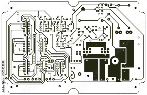 Tracing conductors of printed circuit board
of electronic device. Vector engineering technical
drawing. Pcb template. Electric background.
Computer technic cad design.