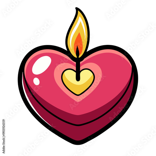 A heart-shaped candle with a flame on transparent background