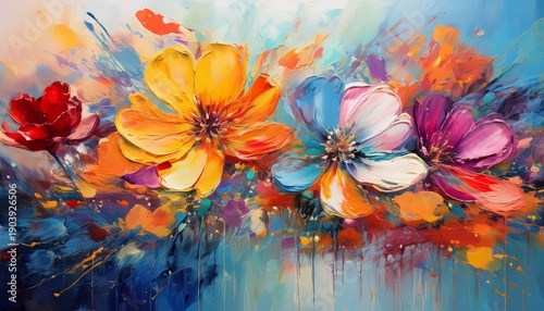 an oil painting on canvas of flowers with splash paint effect depicting a vibrant array of colorful flowers with a unique abstract splash paint effect wallart