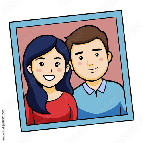 A cartoon illustration of a smiling couple in a blue frame on transparent background