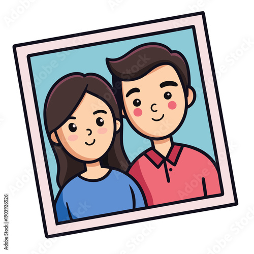 A cartoon illustration of a smiling couple in a photo frame on transparent background