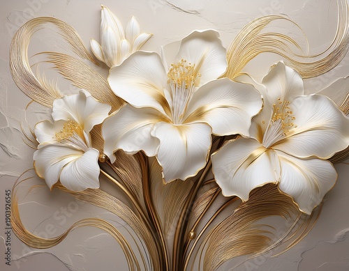 elegant 3d wall art white iris flowers with gold accents on a light beige stucco background fluid lines create a serene sophisticated aesthetic