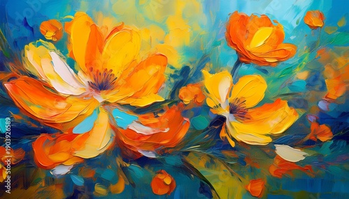 energetic impasto floral oil painting with thick bright orange and yellow flowers blue accents swirling foliage and a luminous abstract background wallart