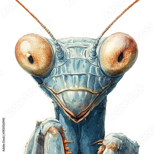 Praying Mantis, soft and charming watercolor, isolated on a white background, delicate and elegant style.