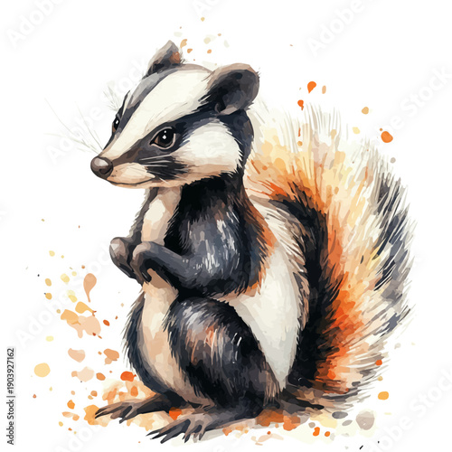 Pet Skunk, soft and charming watercolor, isolated on a white background, delicate and elegant style.