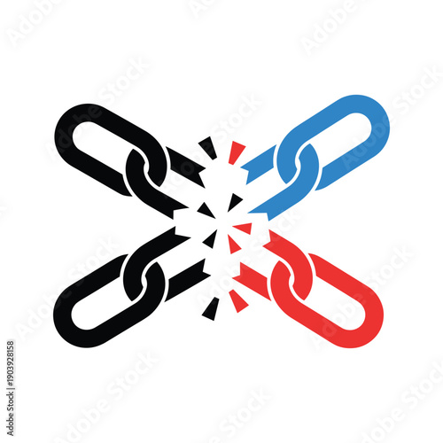 Breaking chains illustration with red and blue links snapping apart