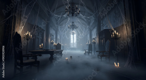 Spooky abandoned ballroom with cobwebs, fog, and candles, gothic interior, haunted house vibe