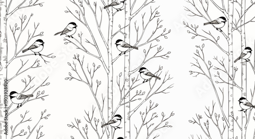 Seamless black and white pattern with cute chickadees perched on bare winter tree branches, minimalist hand-drawn illustration for fabric, wallpaper, or digital design.