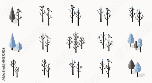 Minimalist isometric vector illustration set featuring various winter trees, bare branches, and snow-covered evergreens with small birds, ideal for seasonal design.