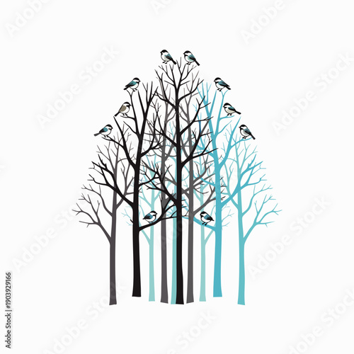 Graphic vector illustration depicting a tranquil forest of bare trees in varying shades of grey and blue, adorned with small birds, symbolizing nature's quiet beauty and winter serenity.