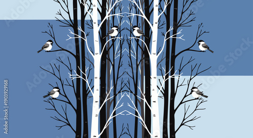 Symmetrical illustration of small birds perched on bare winter trees against a serene blue background, evoking a calm natural scene.