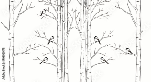 Elegant black and white illustration of symmetrical birch trees with small birds perched on bare branches, evoking a serene winter forest scene.