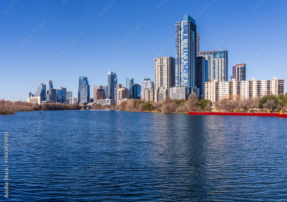 Obraz premium City skyline of downtown Austin Texas in 2026 from across Lady Bird Lake in the winter
