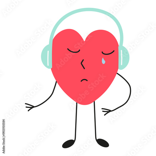 Sad cartoon heart character with headphones crying. Vector illustration of heartbreak and sorrow