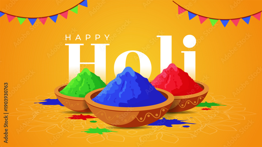 Naklejka premium Happy Holi festive background with colorful powder bowls