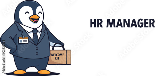 A cartoon penguin wearing a suit and holding a briefcase stands confidently as an HR manager, welcoming new employees to the office.
