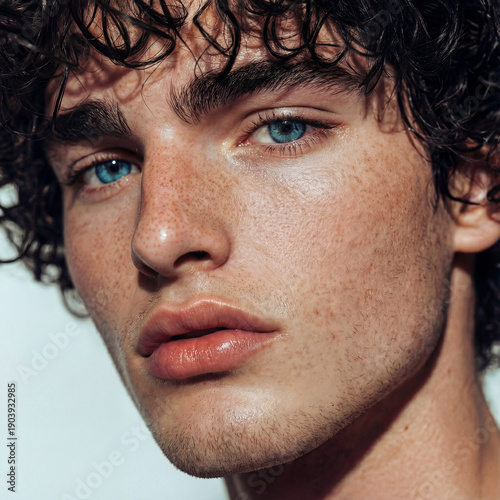 Jeune modèle homme aux cheveux bouclés noir et barbe naissante regardant la caméra, la bouche légèrement ouverte, taches de rousseur, mal rasé, yeux bleus, regard perçant, en gros plan