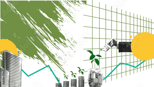 Business Growth Concept With Finance, Graphs, and Green Plant Growth Showing Investment Momentum vector illustration of an abstract background