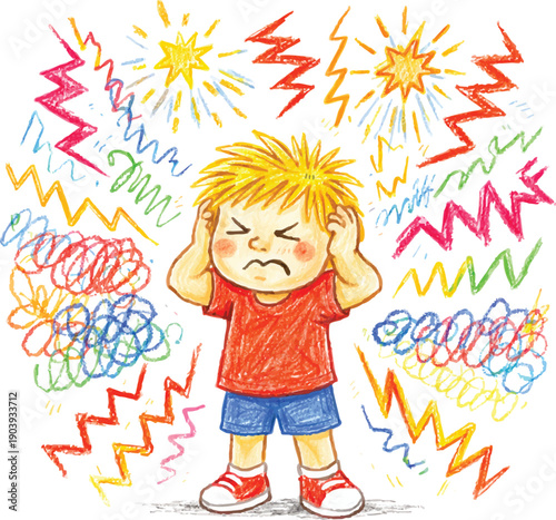 Overstimulated child covering ears surrounded by noise showing sensory overload from child perspective