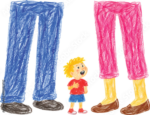 Small child standing between tall adults showing feeling overwhelmed and unheard from child perspective