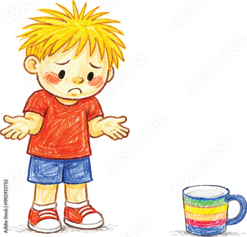 Confused child shrugging hands near spilled cup showing small daily problem from child perspective