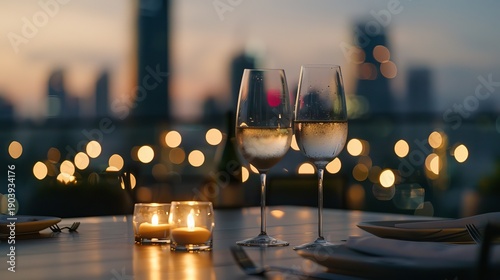 Two glasses are placed on a table at a rooftop restaurant where dinner is enjoyed at night. The skyline and lights create a nice atmosphere