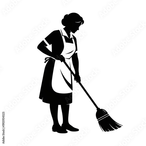 Woman cleaning with a broom isolated on transparent background.