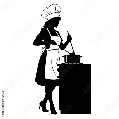 Woman wearing chef hat and apron isolated on transparent background.