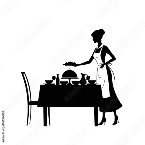 Waitress serving food at restaurant table isolated on transparent background.