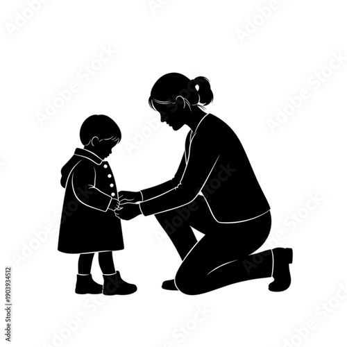 Woman and little girl holding hands isolated on transparent background.