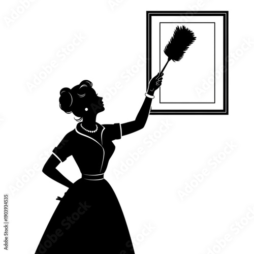 Silhouette of woman cleaning picture frame isolated on transparent background.