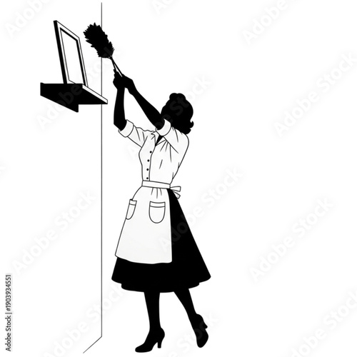 Woman cleaning window with duster tool isolated on transparent background.