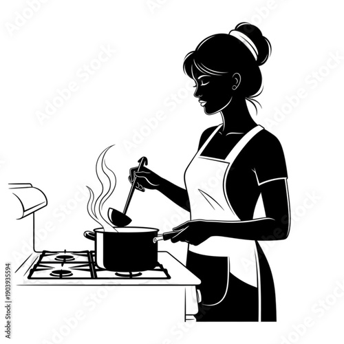 Woman cooking in the kitchen stirring isolated on transparent background.