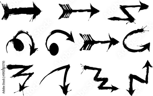 Set of black hand-drawn grunge arrows, different shapes pointing various directions, rough brush strokes providing textured and dynamic visual elements