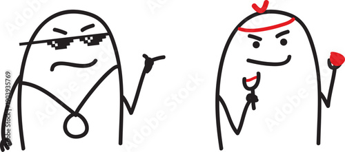 Two minimalist doodle characters: a stylish rapper and a street trickster holding a stone